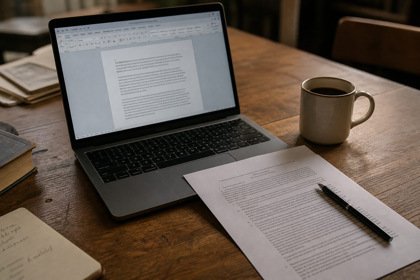 Desk with a laptop open to a document