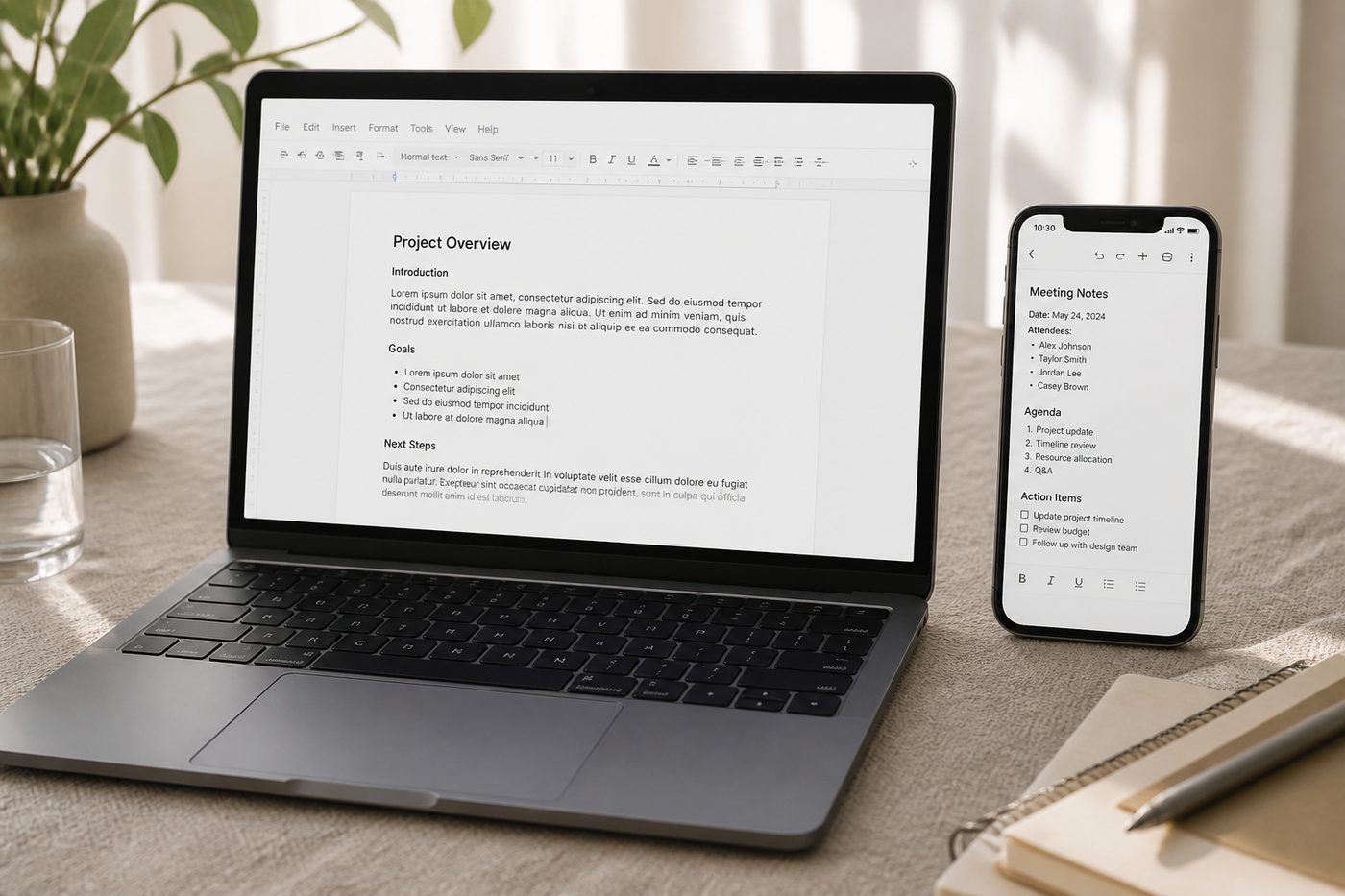 Smartphone beside a laptop for document work