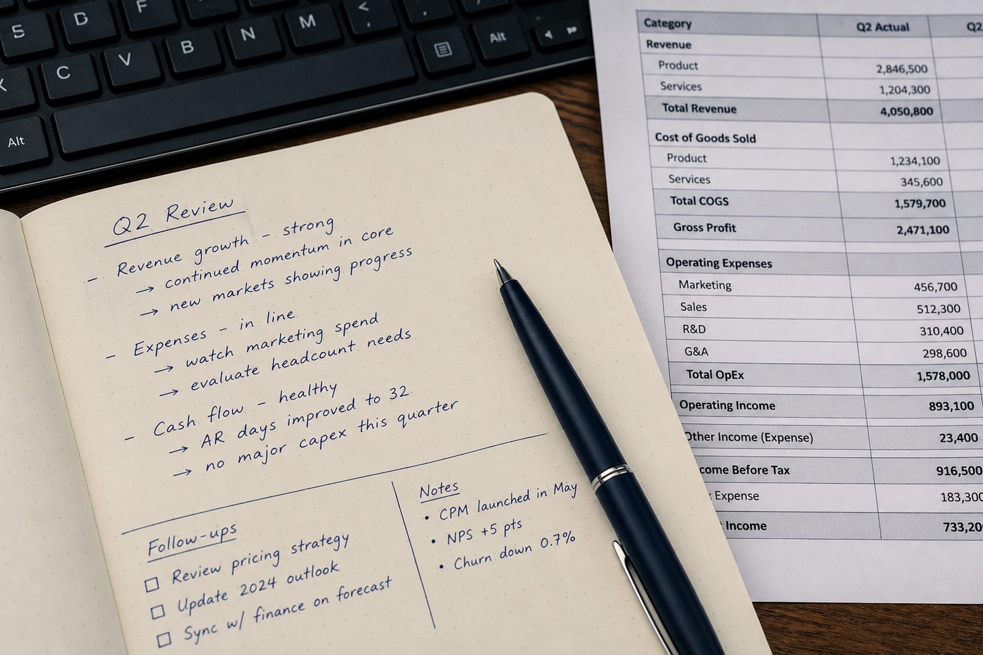 Handwritten notes beside a keyboard